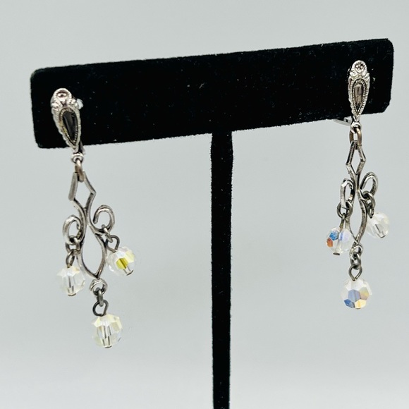 Vintage clip on chandelier style earrings crystal bead drops simple silver - Picture 1 of 10